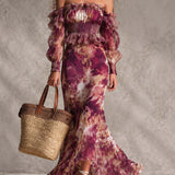 Robe Maxi Épaules Dénudées en Rose Ancien avec Motif Floral