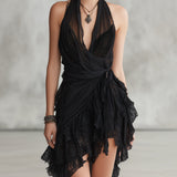 Robe Mini Noire avec Décolleté Halter en Dentelle et Volants