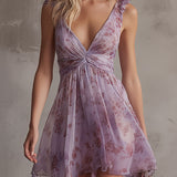 Robe Courte en Mousseline à Rayures Florales Violettes Rétro