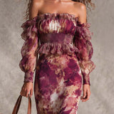 Robe Maxi Épaules Dénudées en Rose Ancien avec Motif Floral