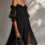 Robe Mini Noire à Épaules Dénudées avec Bordure en Dentelle