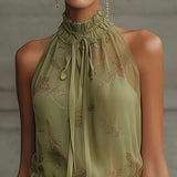 Robe Mini en Mousseline avec Fleur Verte et Taille Haute