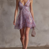 Robe Courte en Mousseline à Rayures Florales Violettes Rétro