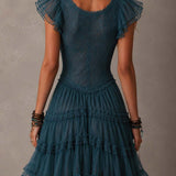 Robe Mini à Volants en Dentelle Bleue Rétro et Mousseline