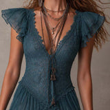 Robe Mini à Volants en Dentelle Bleue Rétro et Mousseline