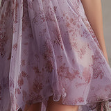 Robe Courte en Mousseline à Rayures Florales Violettes Rétro