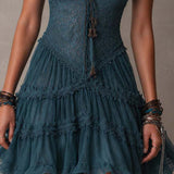 Robe Mini à Volants en Dentelle Bleue Rétro et Mousseline