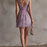 Robe Courte en Mousseline à Rayures Florales Violettes Rétro