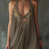 Robe Mini Longue Grise avec Imprimé Floral