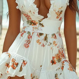 Robe florale sexy à volants en V et ourlet asymétrique