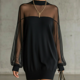 Robe Courte Noire avec Manches en Résille Transparente et Col Montant