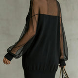Robe Courte Noire avec Manches en Résille Transparente et Col Montant