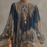 Robe Mini Asymétrique avec Imprimé Baroque Bleu Marine et Col Haut