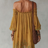 Robe Mini Jaune en Mousseline Florale Épaules Dénudées