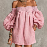 Robe Courte A-Line Ample avec Manches Lanternes et Épaules Dénudées Rose