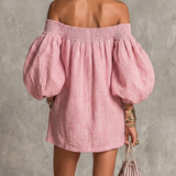 Robe Courte A-Line Ample avec Manches Lanternes et Épaules Dénudées Rose