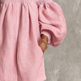 Robe Courte A-Line Ample avec Manches Lanternes et Épaules Dénudées Rose