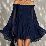 Robe Mini à Manches Évasées avec Volants et Épaules Dégagées
