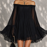 Robe Courte Noire avec Manches Évasées et Volants