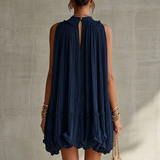 Robe Mini à Volants en Mousseline avec Col Halter Bleu Marine