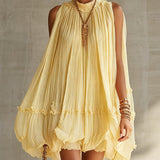 Robe Mini à Volants en Mousseline Jaune avec Décolleté Halter