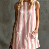 Robe Mini Sans Manches Rayée avec Col Rond