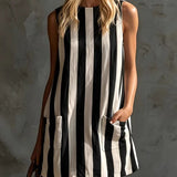 Robe Mini Sans Manches Rayée avec Col Rond