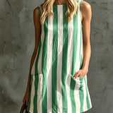 Robe Mini Sans Manches Rayée avec Col Rond