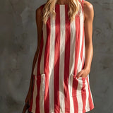Robe Mini Sans Manches Rayée avec Col Rond