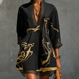 Robe Mini à Col V Imprimée Noir Or