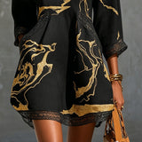 Robe Mini à Col V Imprimée Noir Or