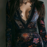 Robe Mini Ajustée en Velours avec Dentelle et Imprimé Floral