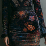 Robe Mini Ajustée en Velours avec Dentelle et Imprimé Floral