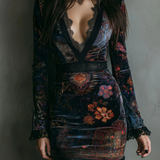 Robe Mini Ajustée en Velours avec Dentelle et Imprimé Floral