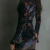 Robe Mini Ajustée en Velours avec Dentelle et Imprimé Floral