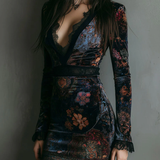 Robe Mini Ajustée en Velours avec Dentelle et Imprimé Floral