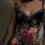 Robe Mini en Tulle avec Imprimé de Roses et Dentelle