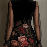 Robe Mini en Tulle avec Imprimé de Roses et Dentelle