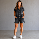 Joan | Salopette courte en coton effet denim