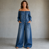 Elena | Combinaison en denim à épaules dénudées