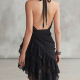 Robe Mini Noire avec Décolleté Halter en Dentelle et Volants