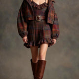 Robe Mini Vintage à Carreaux avec Rayures et Large Veste (Inclut une Ceinture)