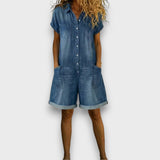 Joan | Salopette courte en coton effet denim
